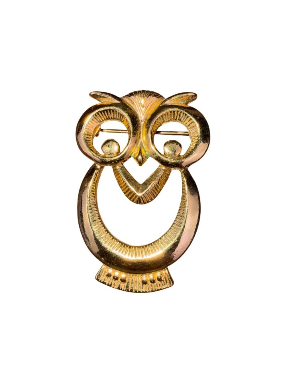 Vintage Unknown Gold Tone Owl Brooch Art Deco Style Swirling Details